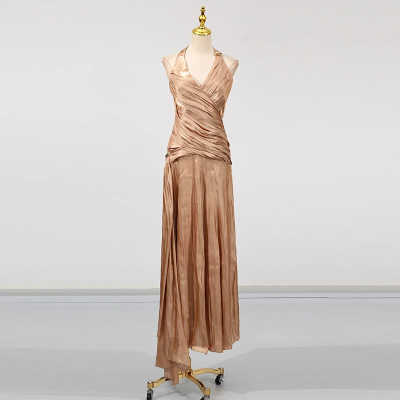 Solid Evening Spliced Folds Dress for Women Halter Sleeveless High Waist Pachwork See Through Backless Maxi Dresses Female