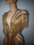 Women Sexy Mesh Sparkly Rhinestone Tassels Stretch Long Dress Evening Nightclub Singer Dance Stage Costume Luxury Birthday Gowns