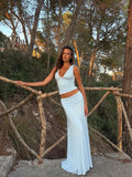 Chic Light Blue 2 Piece Outfit Women Deep V Neck Sleeveless Ruched Crop Top Low Waist Flowy Maxi Skirt Suit Party Matching Sets