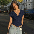 Women Summer Top Fashion Button-Front Patchwork V-Neck Pleated Fitted Top New Casual High-Street Party Female T-Shirts