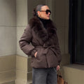 Women Short Belted Puffer Jacket Large Faux Fox Fur Collar Waist Tie Puff Sleeve Thick Warm Coat Winter Elegant 2026 Streetwear