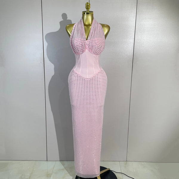 Elegant Evening Party Prom Gown Birthday Dress Women Shining Rhinestones Sexy White/Pink Mesh Halter Bodycon Long Bandage Dress