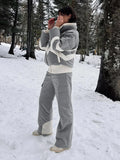 Women Color Block Spliced Ski Set Fleece Lined Stand Collar Zip Jacket Multi‑Pocket Wide Leg Trousers 2026 Winter Fashion Outfit