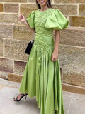 Solid Spliced Drawstring Folds Designer Maxi Dress for Women O Neck Puff Sleeve High Waist Elegant Party Dresses Female New