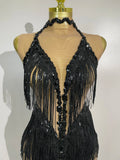 2026 New Sparkly Rhinestones Tassel Mesh Sexy See-Through Dress Latin Dance Outfits Women Bar Nightclub Show Party Stage Costume