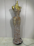 Lxury Sparkly Diamond Mesh See Through Long Dress Women Elegant Celebrate Birthday Evening Party Fancy Club Singer Stage Costume