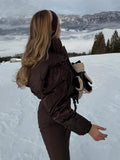 Women One Piece Ski Suit Zip Up White Black Color Block Waterproof Fabric Hooded Warm Jumpsuit 2026 Winter New Snow Sport Outfit