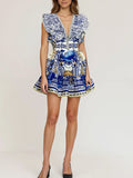 Fashionable Retro Printed Short Dresses for Women Deep Neck Ruffles Sleeve High Waist Patchwork Puff Dress Female Clothing