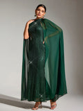 Sexy Party Women's Green Sequined Dress Fashion Chiffon Cloak Sleeve Bodycon Wedding Guest Evening Cocktail Long Dresses