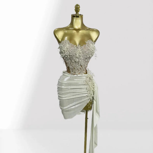 Beautiful 3D Petal Beaded Tube Top + Short Skirt Suit Party Stage Performance Photo Look Dress Vestido Cerimônia Mulher Elegante