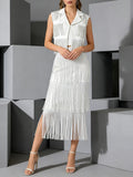 White Fringe Modern Two Piece Set for Women Nitched Collar Sleeves Tank Top Tiered Designmid Skirt Suit for Art Exhibitions