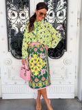 Bow Tie Neck Women Floral Print Set Long Puff Sleeve Cuff Trim Loose Blouse Vibrant Ethnic Midi Skirt Straight Hem Street Daily