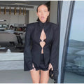 Fashion Crochet Blazer Shorts Set Women Slim Black Hollow Out Stand Collar Jacket Short Pantskirt 2026 Spring Lady Outfits New