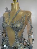 Luxury Silver Sparkly Diamonds Sequins Birthday Evening Party Nightclub Stage Wear Sexy Mesh See Through Long Sleeves Long Dress