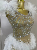 Luxury Sparkly Rhinestones Pearl Fringe Tassel Bodycon Bodysuits Birthday Photo Shoot Outfit DJ Nightclub Performance Stage Wear