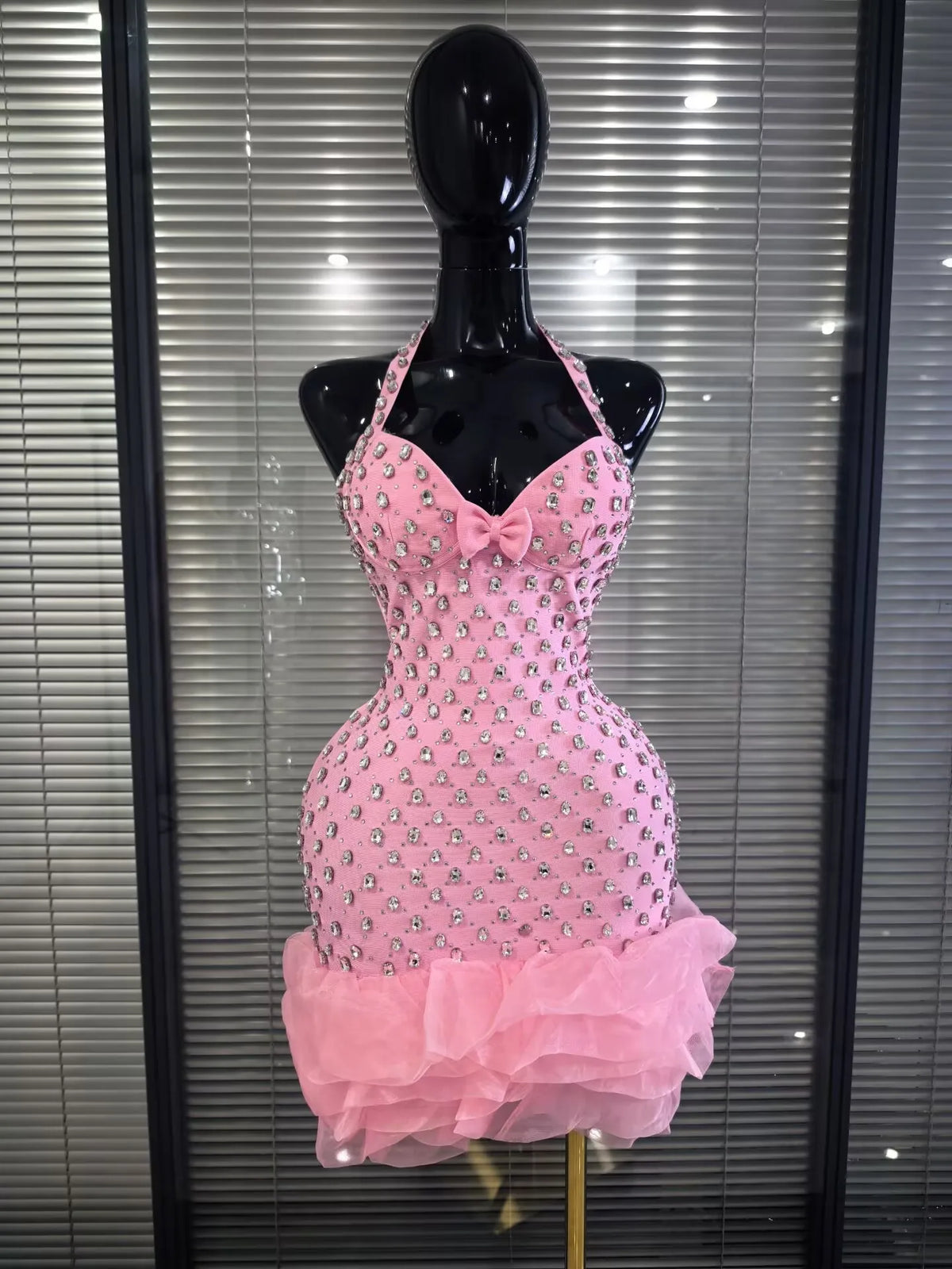 Pink Black Women Sexy Halter Off the Shoulder Sparkly Crystal Ruffles Bodycon Bandage Mini Dress Celebrate Evening Party Outfit