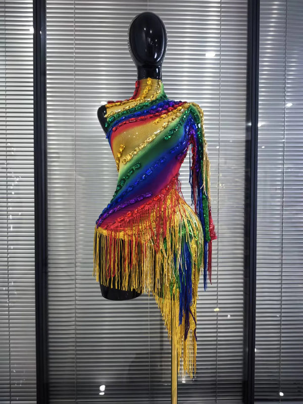 Colorful Sparkly Crystal Women Sexy One Shoulder Mesh Fringes Bodycon Mini Dress Bar Dancer Latin Performance Costume Stage Wear