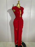 Sexy Sleeveless O-Neck Bodycon Mesh Long Dress 2025 Women Hollow Out Celebrate Fashion Show Celebrity Evening Party Club Dress