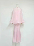Formal Feather Cape Sleeve Maxi Dress for Women O Neck Spaghetti Strap Floor Length Long Evening Prom Cocktail Party Gown