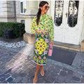 Bow Tie Neck Women Floral Print Set Long Puff Sleeve Cuff Trim Loose Blouse Vibrant Ethnic Midi Skirt Straight Hem Street Daily