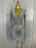Luxury Birthday Sparkly Diamonds Sequin Tassels Long Sleeves Sheer Mini Dress Evening Party Sexy Mesh Nightclub Photo Shoot Wear