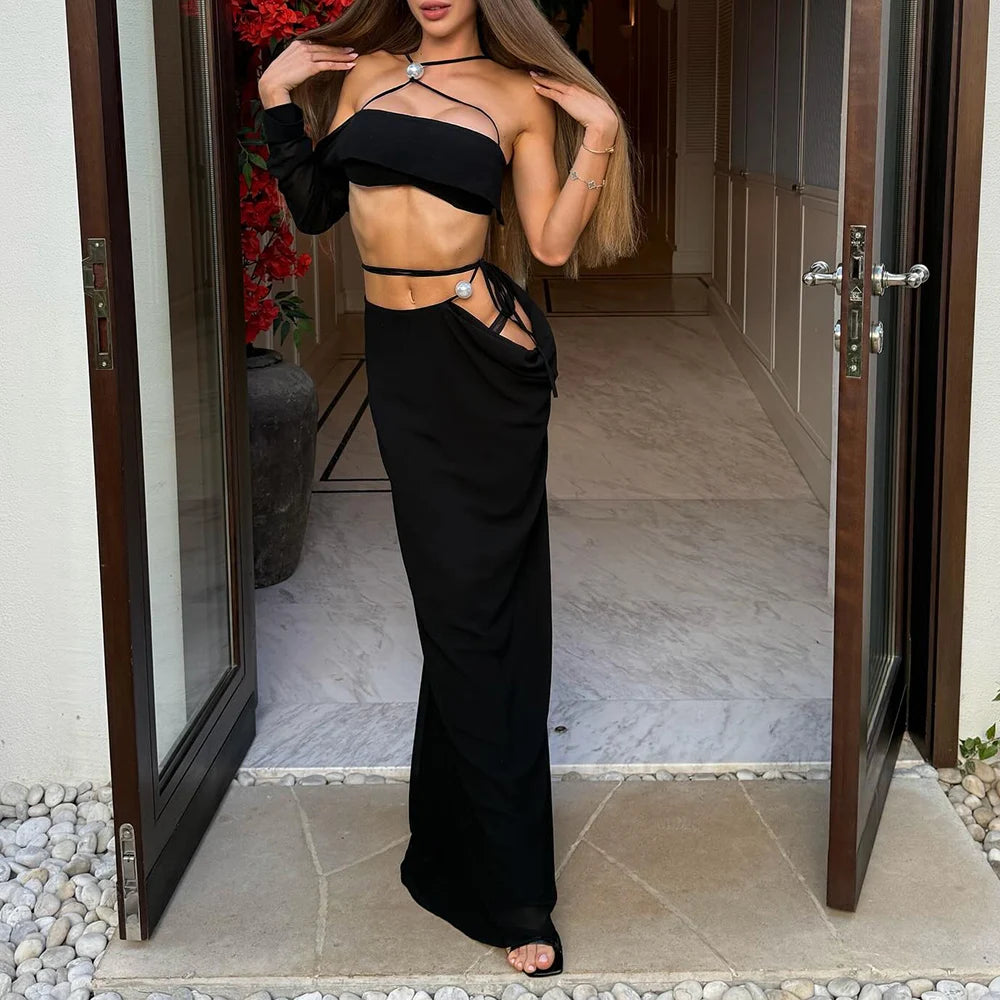 Solid Two Piece Set  for Women Halter Sleeveless Top High Waist Temperament Long Skirt Sets Female