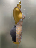 Sexy Sparkly Rhinestones Halter Backless Mesh Velour Short Dress Women Evening Prom Celebrate Birthday Party Stage Wear