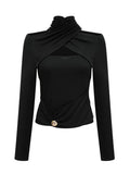 Sexy Off Shoulder Hollow Out Slim T Shirt for Women Halter Long Sleeve Spliced Metal Buckle Temperament Tees Female Fashion