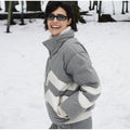 Women Color Block Spliced Ski Set Fleece Lined Stand Collar Zip Jacket Multi‑Pocket Wide Leg Trousers 2026 Winter Fashion Outfit