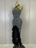 Luxury Sparkly Diamonds Feathers Black Halter Asymmetry Long Dress Women Sexy Sleeveless Backless Evening Party Birthday Dresses
