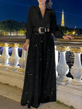 Splice Sequins Maxi Dresses For Women Fashion Folds Loose V Neck Elegant Dress Femme Party Evening Dresses Luxury