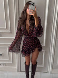 Elegant Flora Painted Ruffle Mini Dress Women Chic Full Sleeve Deep V-neck Slim A-line Short Robe 2026 Lady Vacation Street Gown