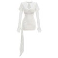 Red White Women Long Sleeve Sexy Lace Draped Bodycon Mini Dress Gloves Nightclub Party Celebrate Birthday Dress