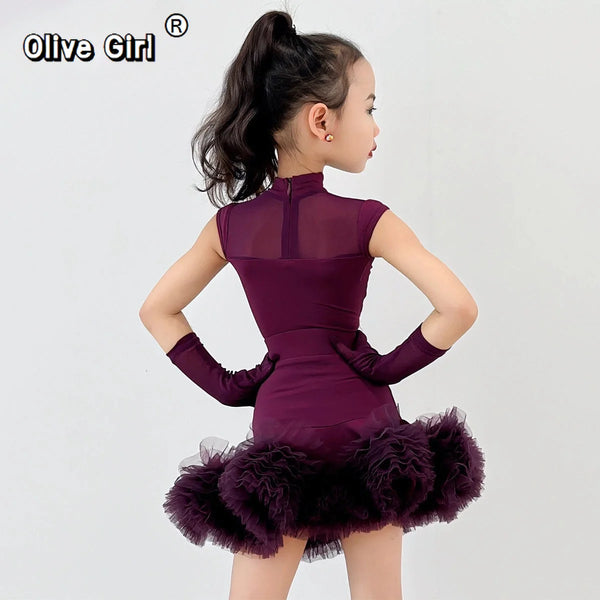 Olivegirl Girls Latin Dance Dress Children's Performance Costume Competition Sleevesless Ruffle Tutu Skirt Rumba Tango Dance