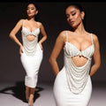 Gorgeous Pearl Glam Hollow Suspender Dress Elegant Temperament Bandage Evening Dress Performance Wear Cocktail Party Formal Gown