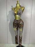 Sparkly Rhinestones Chains Leopard Print Bikini Top Pants Two Pieces Set Sexy Eveing Party Birthday Nightclub Dancer Stage Wear
