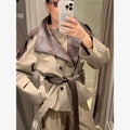 Grey Contrast Cropped Trench Coat Women Lapel Double Breasted Jacket Lady Autumn Winter Daily Lady Streetwear Outerwear 2026 New