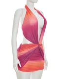 Colorful Gradient Print Dress Women Backless Sleeveless Halter Deep v-Neck Mesh Folds Summer Fashion Mini Bodycon