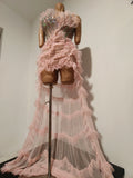 Sparkly Diamond Strapless Mesh Ruffled Pink Long Dress Birthday Evening Party PhotoShoot See Through Bar Nightclub Stage Costume