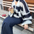 Fashion Striped Sweater Cardigan With Scarf Female Loose Thin Hollow Knitted Top Lantern Sleeve Contrast Color Retro Top