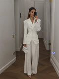 Women Solid Lapel Neck Top Pant Suit Set Elegant Full Sleeve Single Breasted Slim Coat Leg Loose Pants Suit Lady New Chic Sets