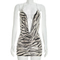 Sequins Patchwork 2 Piece Set Woman Zebra Stripes Swing Collar Backless Tank Tops+Mini Skirts Street Wild Style Suits
