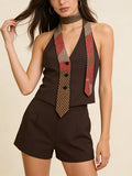 Dark Brown Halter Top with Patterned Tie Detail Female Retro Chic Sleeveless Slimming Vest for Luxury Afternoon Tea