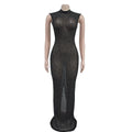 Fall Diamonds Hot Rhinestones O-neck Women Sleeveless Bodycon Long Dress Birthday Party Evening Prom Maxi Dresses