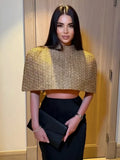 Women Gold Sparkle Capelet Top Elegant Shiny Tweed Shoulder Wrap Turtleneck Short Cloak 2026 Spring Lady Evening Party Outfit