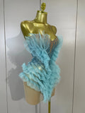 Women Sky Blue Sexy Strapless Mesh Ruffled See Through Mini Dress Luxury Rhinestone Birthday Evening Party Nightclub Stage Wear