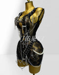 Stylish Dark Metal Chain Glam Perspective Mesh Dress Party Stage Performance Costume Fairy Ball Gown Woman Dresses Elegant Party