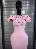 Black Pink Women Sexy Short Sleeve Shining Rhinestones Bodycon Long Bandage Dress Elegant Evening Bithday Party Cocktail Wear