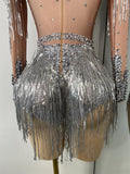 Sparkly Crystal Diamond Sexy Sheer See Through Shining Tassels Dress Long Sleeve Prom Dress Birthday Party Performance Dress