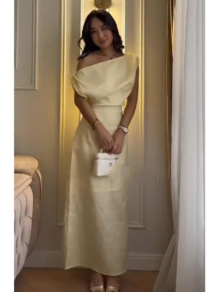Womem One Shoulder Slim Fit Midi Dress Formal Ruched Waist Draped Detail Elegant Vestidos 2026  New Lady Holiday Street Dresses